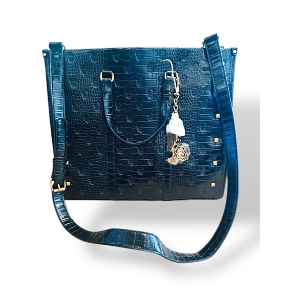 Betsey Johnson Xomattie Skull Patent Leather Work Tote Bag Black Gold Charms - Picture 3 of 16